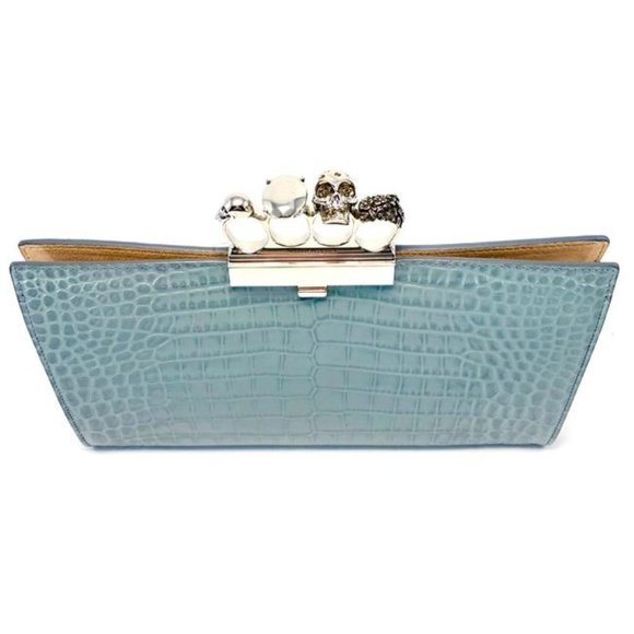 Alexander Mcqueen Skull Four Ring Croc Embossed Blue Leather Clutch - Picture 2 of 12